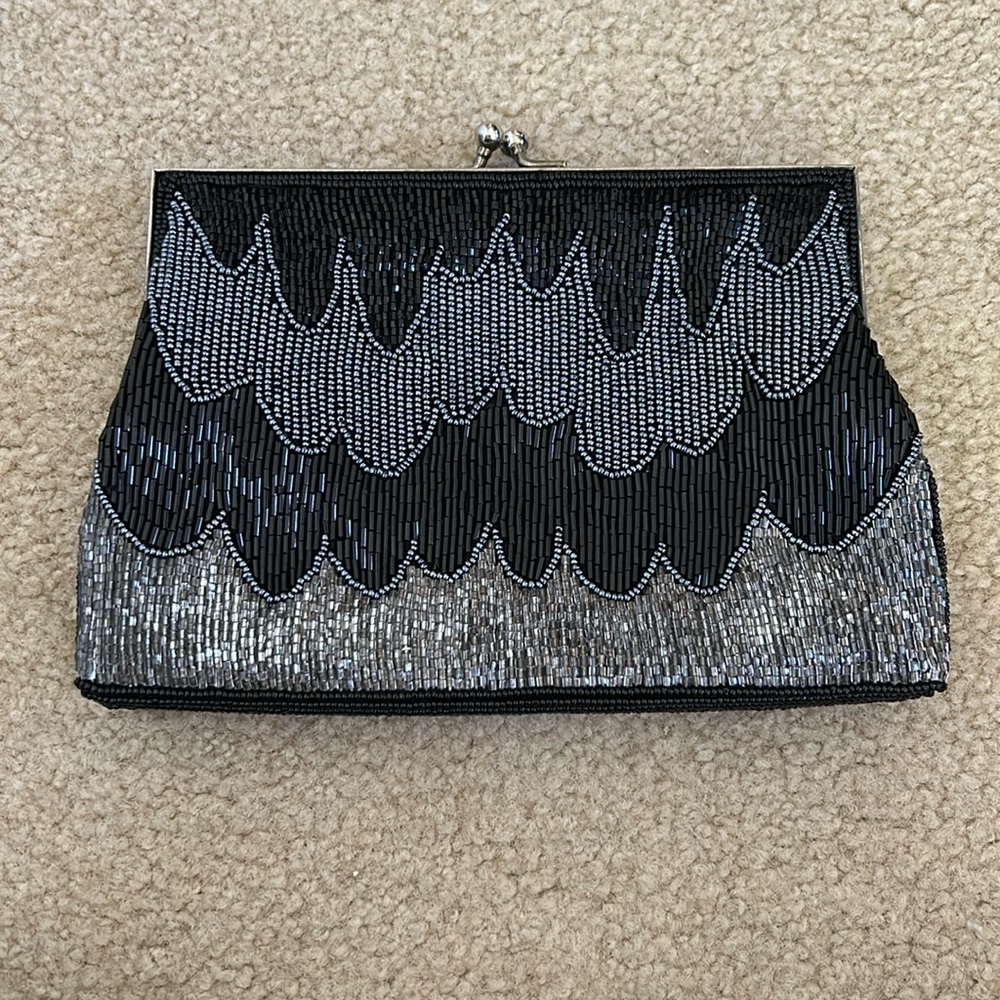 Vintage La Regale Black and Silver Beaded Clutch